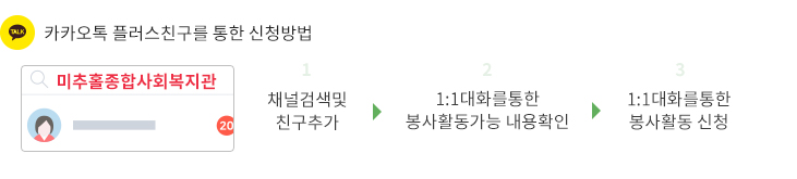 미추홀종합사회복지관 채널검색및친구추가 / 1:1대화를통한 봉사활동가능 내용확인 / 1:1대화를통한 봉사활동 신청
