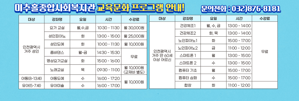 미추홀종합사회복지관
상반기 프로그램 안내!

■ 접수기간 : 2023.01.16.(월) ~ 20.(금)
■ 접수방법 : 전화접수 (032-876-8181) 
             온라인접수 (복지관 카카오채널 1:1채팅)                                          


강좌명
요일
시간
수강료
건강체조 (월수금)
월, 수, 금
13:00 - 14:00
무료
건강체조 (화목)
화, 목
13:00 - 14:00
무료
노인피아노
화
15:30 - 17:30
무료
스마트폰 기초
화, 목
14:30 - 16:00
무료
스마트폰 심화
화, 목
13:00 - 14:30
무료
컴퓨터교실
화, 목
16:00 - 17:30
무료
어르신합창
화, 금
11:00 - 12:00
무료
■ 진행강의 

강좌명
요일
시간
수강료
아동도예
수요일
16:00 - 17:20
무료

강좌명
요일
시간
수강료
성인요가 1
월 - 금
10:00 - 11:00
월 30,000
성인요가 2
월 - 금
11:00 - 12:00
월 30,000
성인피아노
화
13:30 - 15:30
월 25,000
성인도예
화
13:00 - 15:00
무료
기타초급
수
10:00 - 11:00
무료
기타중급
수
11:00 - 12:00
무료
줌바댄스
월 - 금
15:30 - 16:30
무료